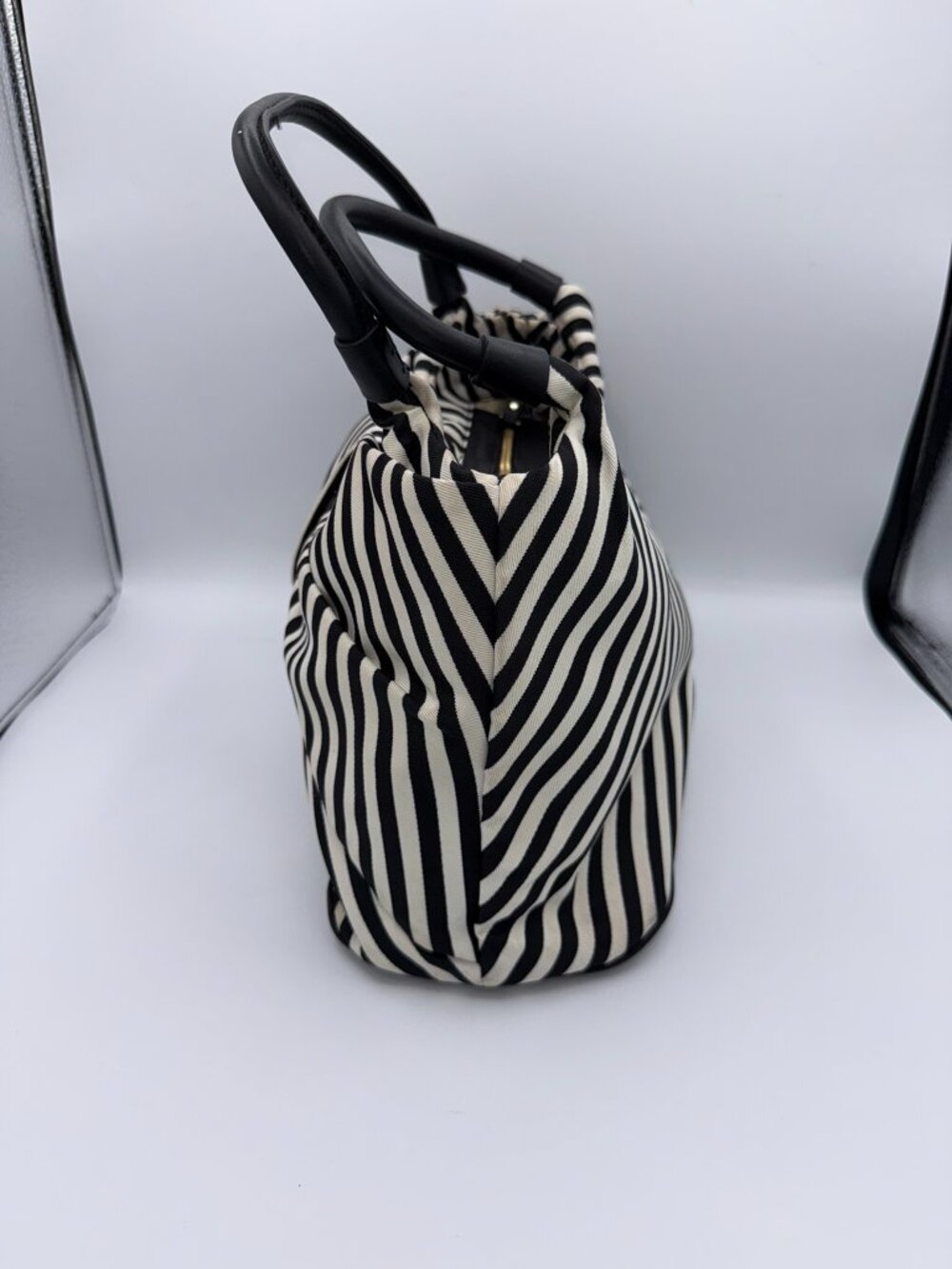 Kate Spade Black White Canvas Striped Bow Handbag Purse Classic Chic - Picture 9 of 16